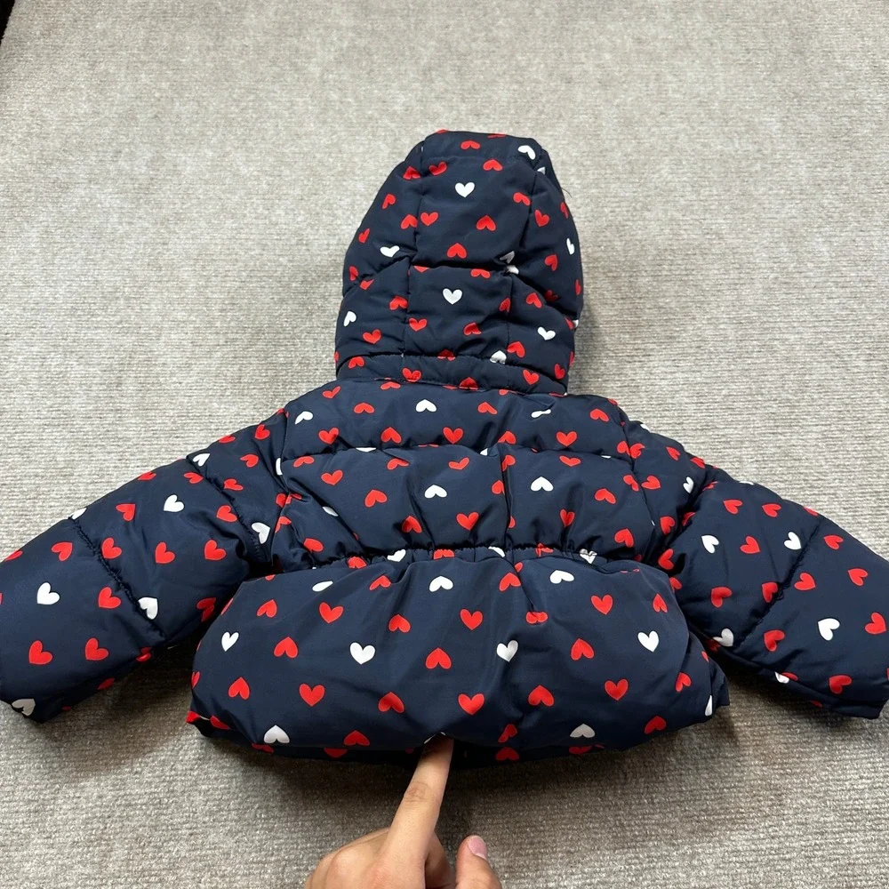 Amazon Essentials x Sofia Grainge Girls 12M Navy Hearts Hooded Puffer Jacket